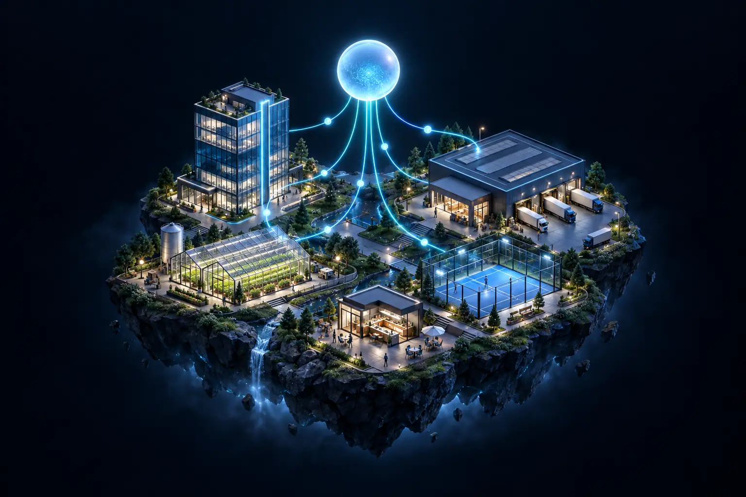 A company in miniature: office, warehouse and production, connected by AI agents